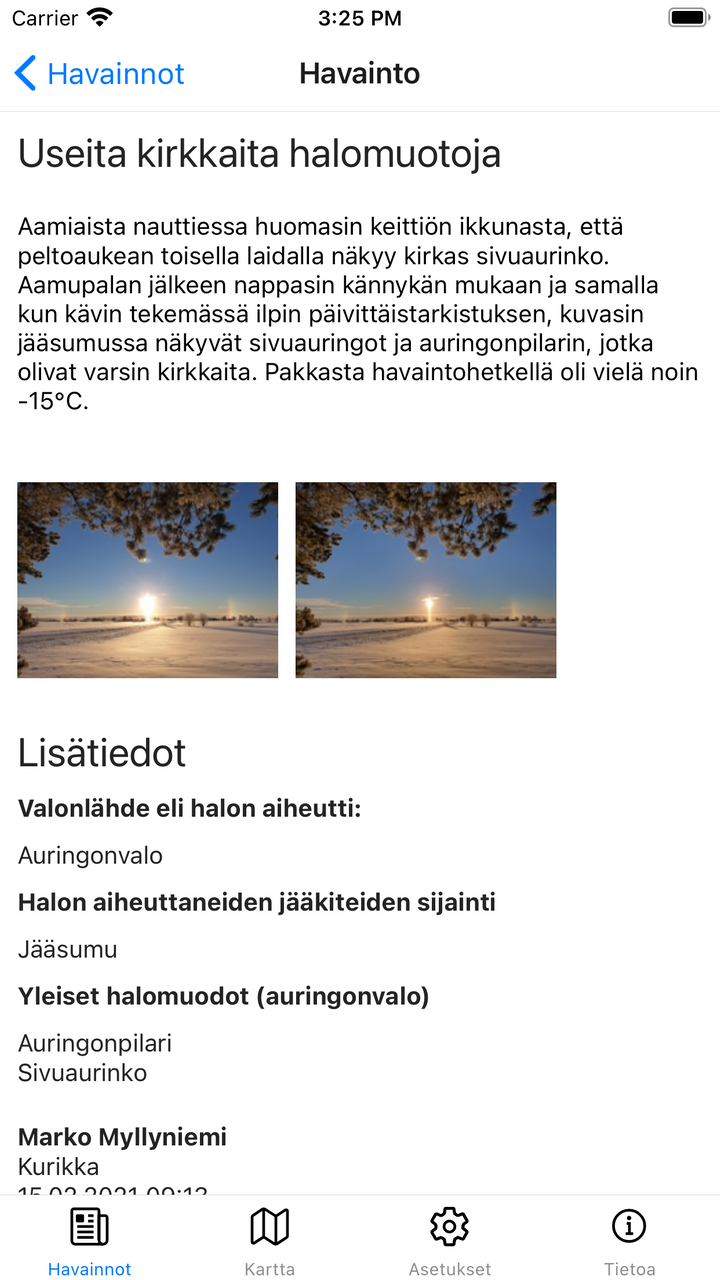 Yksittäisen havainnon tiedot